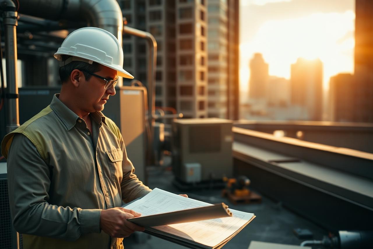 Engineer reviewing rooftop HVAC equipment plans at a city building