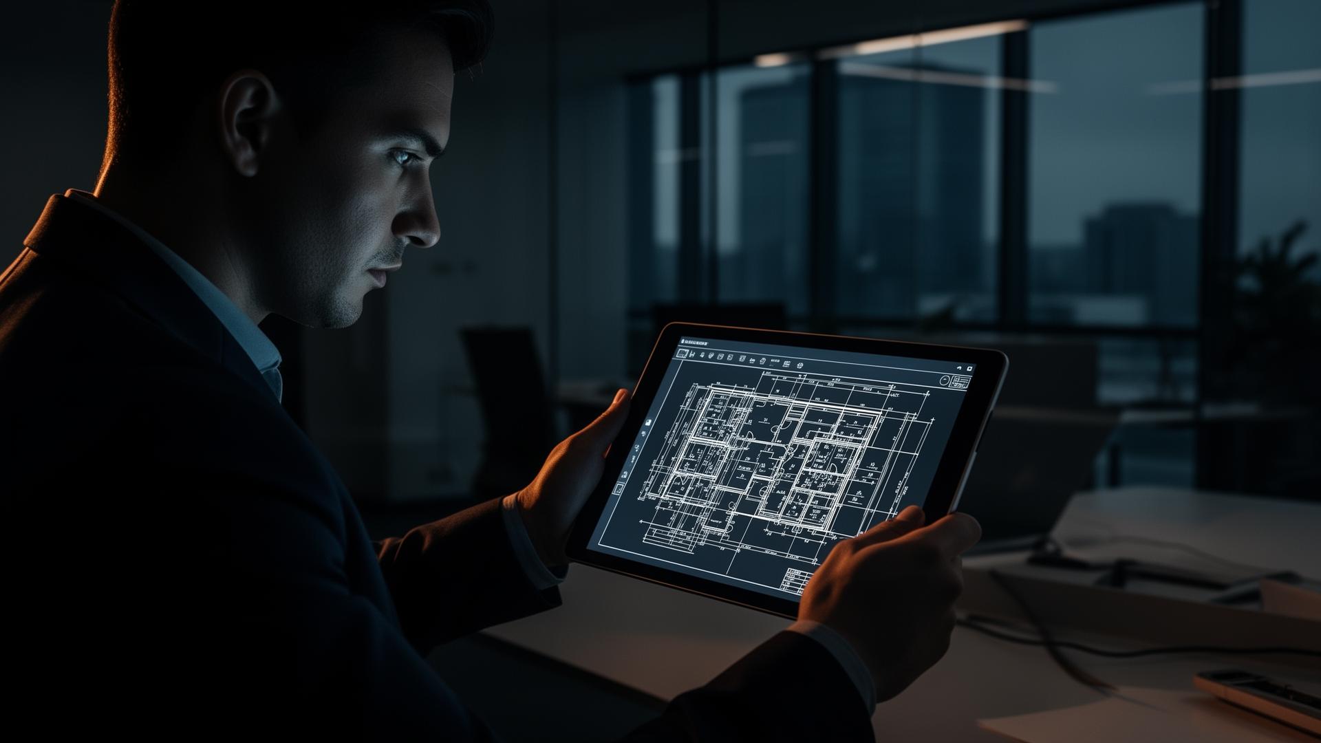 Engineer reviewing project plans on tablet